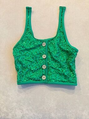 Weissman Green Sequin Button-Front Crop Tank